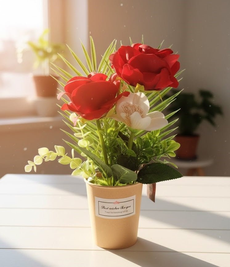Red Rose Flower Pot – Elegant Floral Table Decoration for Home